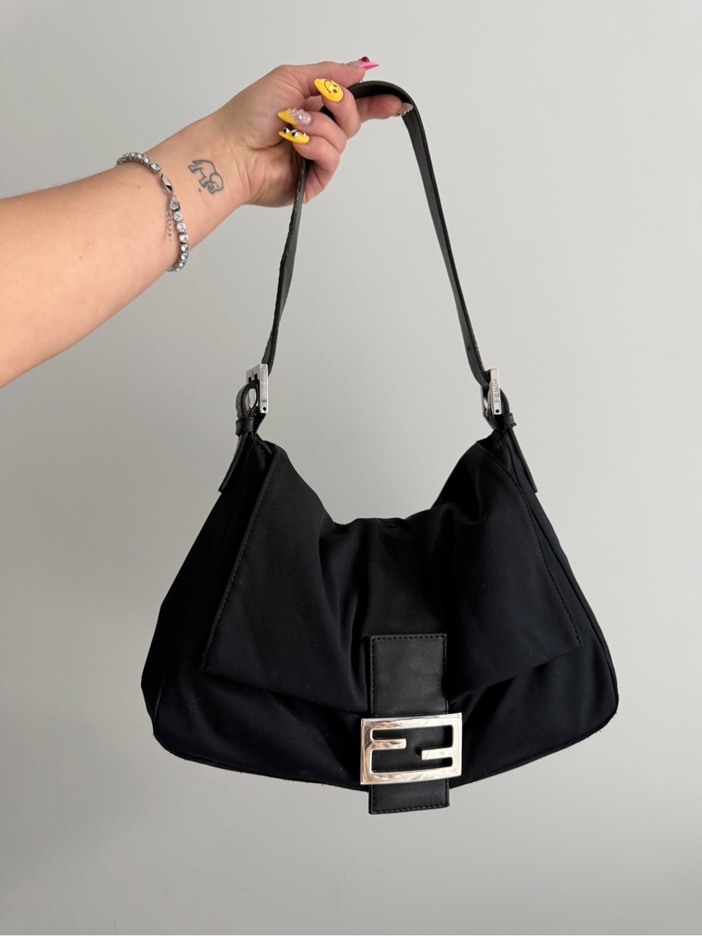 Authentic Fendi Black Mamma Baguette Shoulder Bag
